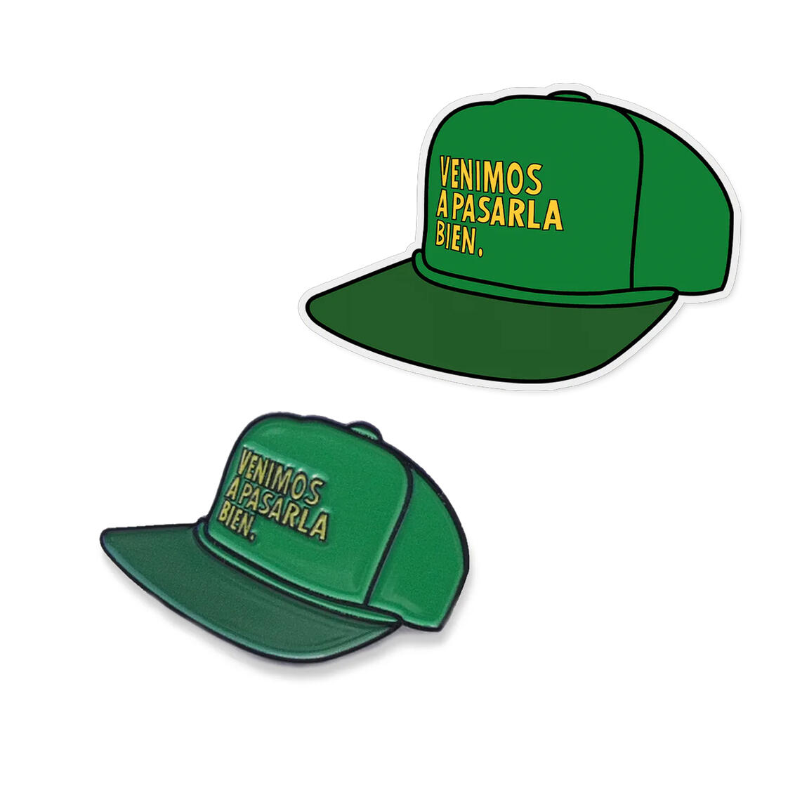 Green snapback sticker and pin